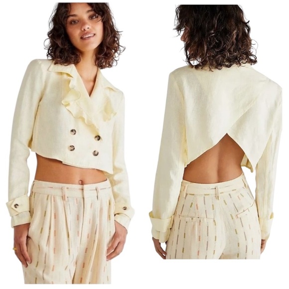 FREE PEOPLE | 100% Linen Crossover Back Yellow Bennie Cropped Blazer Size M - Picture 1 of 10